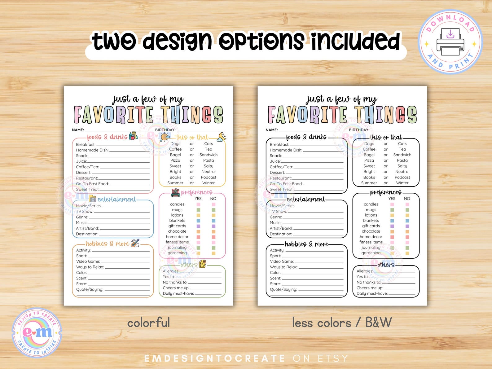 My Favorite Things Survey Questionnaire, PRINTABLE Employee Favorites ...
