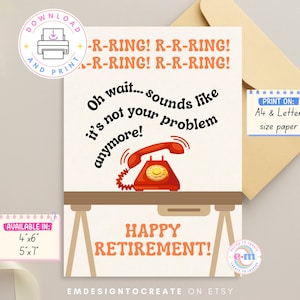 Carte de départ en retraite à imprimer, drôle de cadeau de retraite heureuse, téléphone au bureau qui sonne, carte de départ pour collègue patron