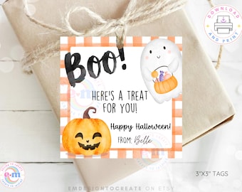 May include: A Halloween-themed gift tag with a watercolor design. The tag features the word "Boo!" in black, along with a ghost, pumpkin, and the text "Here's a treat for you! Happy Halloween!" The tag measures 3"x3".
