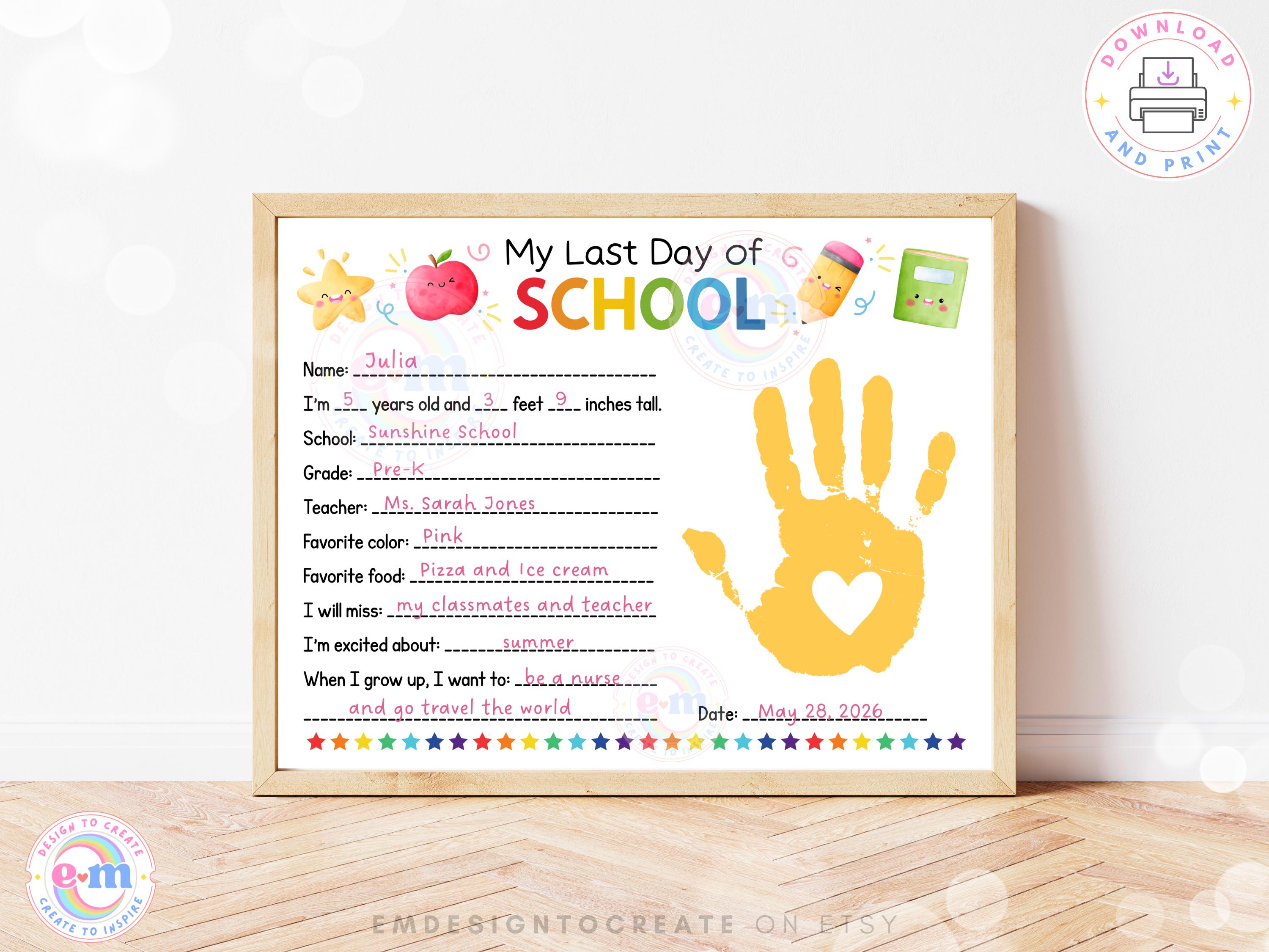 Last Day of School Questionnaire Handprint Craft, Printable End of ...