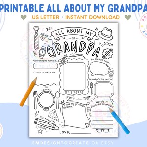 May include: Printable "All About My Grandpa" activity sheet. Features a fill-in-the-blanks design with spaces for Grandpa's name, favorites, and more. Includes illustrations of a tie, watch, hat, and other related icons. Includes two pencils.