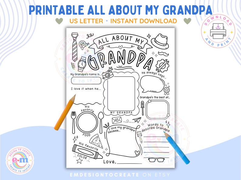 May include: Printable "All About My Grandpa" activity sheet. Features a fill-in-the-blanks design with spaces for Grandpa's name, favorites, and more. Includes illustrations of a tie, watch, hat, and other related icons. Includes two pencils.