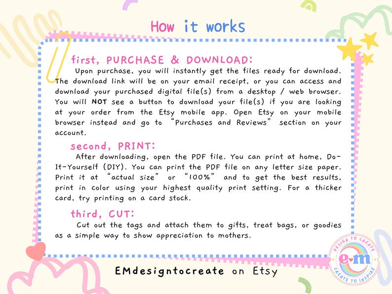 Puede incluir: Una colorida gu&iacute;a de descarga digital titulada "How it works" con instrucciones para comprar, descargar, imprimir y cortar etiquetas. El texto est&aacute; en una fuente l&uacute;dica, con elementos decorativos como estrellas y corazones. Tambi&eacute;n es visible el nombre de la tienda de Etsy "EMdesigntocreate".