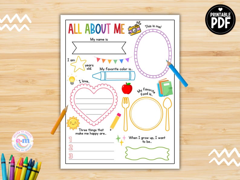 May include: A printable PDF "All About Me" worksheet with colourful illustrations. It includes spaces to write a name, age, favourite colour, and food. There are also sections for drawing a picture and listing favourite things.