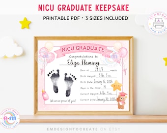 NICU Graduate Sign Andenken zum ausdrucken, NICU Baby Girl Footprint Craft Abschlusszertifikat, Geschenk für Mama und Papa, digitaler Download PDF