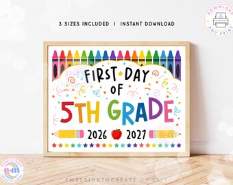 Druckvorlage für den ersten Schultag der 5. Klasse, Erinnerungsstück zum Schulanfang, Fotorequisite für Kinder zum Schuljahr 2026/27, Sofort-Download als PDF