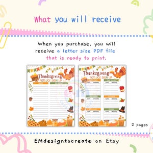 Może przedstawiać: Cyfrowe pobranie z dwoma arkuszami rejestracji na Thanksgiving Potluck. Projekt zawiera świąteczne ilustracje indyka, ciasta i jesiennych liści. Tekst brzmi "Thanksgiving Potluck Sign Up". Plik jest plikiem PDF w formacie Letter.