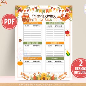 Könnte beinhalten: Ein Friendsgiving-Potluck-Anmeldeformular mit Abschnitten für verschiedene Gerichte. Das Design zeigt herbstliche Illustrationen und den Text "Friendsgiving Potluck Sign Up". Enthält 2 Designs. Das Formular ist zum Drucken bestimmt.