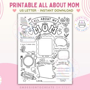 PRINTABLE All About My Mom, Mother&#39;s Day Activity for Kids, Mom Fill In The Blank, Mom Questionnaire, Coloring Page Preschool Worksheet Gift