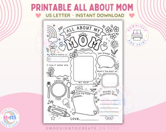 PRINTABLE All About My Mom, Mother's Day Activity for Kids, Mom Fill In The Blank, Mom Questionnaire, Coloring Page Preschool Worksheet Gift
