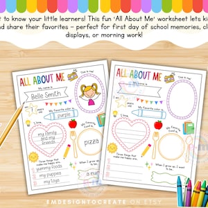 May include: Two children's "All About Me" worksheets with spaces to write about themselves, including name, age, and favourite things. Includes illustrations of a crayon, pencil, and apple. Text reads "Let's get to know your little learners!"