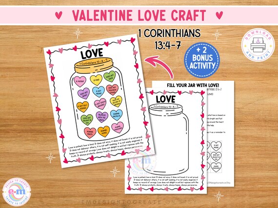 Christian Valentine's Day Love Is Jar Heart Craft Printable, 1 Corinthians 13:4-7 Bible Verse Sunday School Activity, Kids Coloring PDF