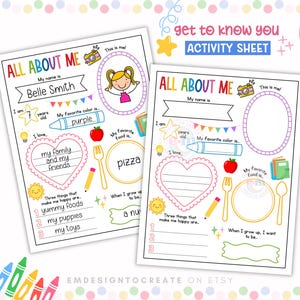 May include: Two children's "All About Me" activity sheets with colourful illustrations. One sheet is filled out with the name "Belle Smith", age 7, favourite colour purple, and favourite food pizza. The sheets are designed for children.