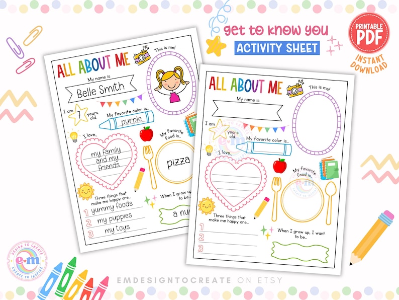 May include: Two children's "All About Me" activity sheets with colourful illustrations. One sheet is filled out with the name "Belle Smith", age 7, favourite colour purple, and favourite food pizza. The sheets are designed for children.