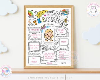 Teacher Appreciation Week Printable for Kids, All about My Teacher Printable, Thank You Teacher End of School Gift, Fill In The Blank Survey