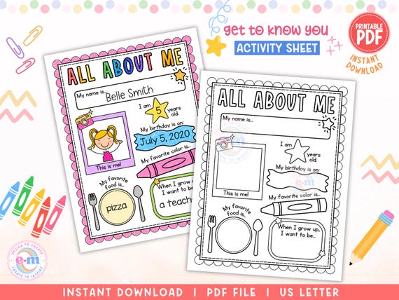 All About Me PRINTABLE, Back to School Worksheet for Kids, Get to Know Me Coloring Page, Classroom Activity Preschool Pre-K Kindergarten PDF