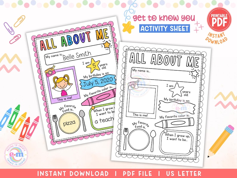 May include: Two printable "All About Me" activity sheets. One is filled out with a girl's name, age, birthday, favorite color, and food. The other is a blank template. Includes the text "Instant Download" and "Printable PDF".