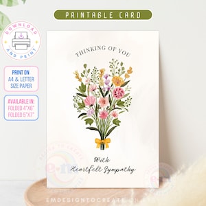 Carte de sympathie à imprimer, carte de vœux, pensée de vous, carte de condoléances fleurs, désolé pour votre perte, téléchargement immédiat