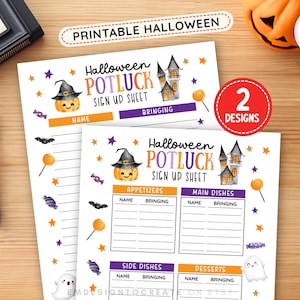 Może przedstawiać: Dwa arkusze do zapisów na Halloween z ilustracjami dyni w kapeluszu czarownicy, nawiedzonego domu, duchów, nietoperzy i cukierków. Arkusze zawierają sekcje na imiona i przynoszone potrawy, z pomarańczowymi i fioletowymi akcentami graficznymi.