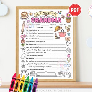 Allt om min mormor utskrivbar, aktivitet för barn med mors dag, frågeformulär för mormor att fylla i målarbild, present till mormor som minne (PDF) bild 2