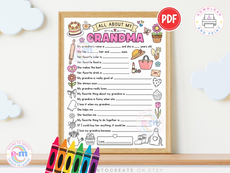 Allt om min mormor utskrivbar, aktivitet för barn med mors dag, frågeformulär för mormor att fylla i målarbild, present till mormor som minne (PDF) bild 2