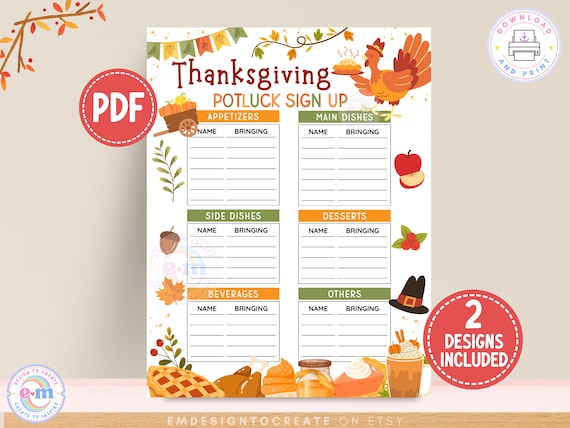 Thanksgiving Potluck Sign Up Sheet Printable, Friendsgiving Dinner Party Food Form, Fall Potluck Signup for Office, Church, Work (PDF)