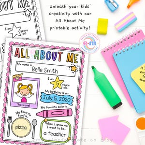 May include: Printable "All About Me" activity sheets for kids, featuring colorful designs and prompts for self-expression. Includes space for name, age, favorite things, and a drawing area. Encourages creativity and self-discovery.