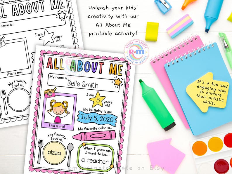 May include: Printable "All About Me" activity sheets for kids, featuring colorful designs and prompts for self-expression. Includes space for name, age, favorite things, and a drawing area. Encourages creativity and self-discovery.
