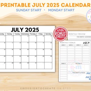 PRINTABLE July Calendar 2025, July Month Calendar Planner Sheet, Minimalist Monthly Calendar Page PDF, Sunday Monday Start, Instant Download