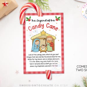 May include: A Christmas-themed card with the text "The Legend of the Candy Cane" and an illustration of the Nativity scene. The card is red and white checkered, with a candy cane. The text on the card explains the symbolism of the candy cane.