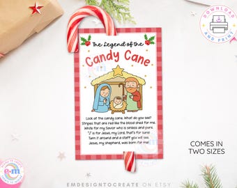 May include: A Christmas-themed card with the text "The Legend of the Candy Cane" and an illustration of the Nativity scene. The card is red and white checkered, with a candy cane. The text on the card explains the symbolism of the candy cane.