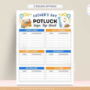 May include: A Father's Day potluck sign-up sheet featuring the text "FATHER'S DAY POTLUCK SIGN UP SHEET" with illustrations of a toolbox, tie, watch, and hat. The document includes sections for appetizers, main dishes, side dishes, desserts, beverages, and others with blank lines for names and items.