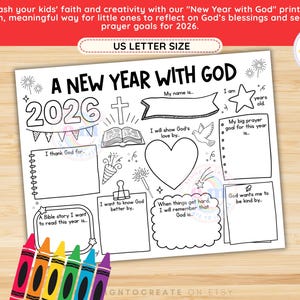 Christian Kids New Year’s Resolution Printable: New Year Goals Worksheet for Kids, Sunday School Activity Coloring Page Digital PDF image 2