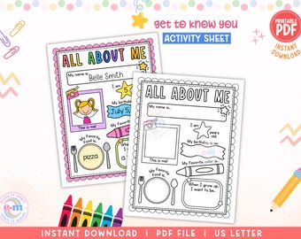 All About Me PRINTABLE, Back to School Worksheet for Kids, Get to Know Me Coloring Page, Classroom Activity Preschool Pre-K Kindergarten PDF