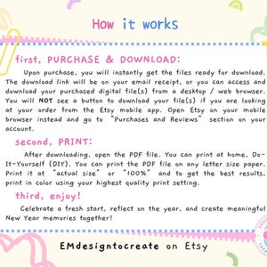 May include: A digital download guide with instructions on how to purchase, download, and print files from Etsy. The text is in a colorful, playful design with the Etsy shop name, EMdesigntocreate, at the bottom.