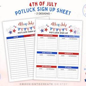 4th of July Potluck Sign Up Sheet, PRINTABLE July 4th Sign Up Form, Independence Day Sign Up Sheet, Patriotic Party Planning Food Template