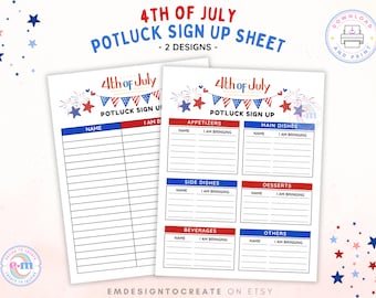 4th of July Potluck Sign Up Sheet, PRINTABLE July 4th Sign Up Form, Independence Day Sign Up Sheet, Patriotic Party Planning Food Template