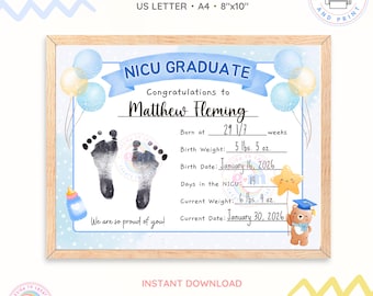 NICU Graduate Sign Andenken zum ausdrucken, NICU Baby Boy Footprint Craft Abschlusszertifikat, Geschenk für Mama und Papa, digitaler Download PDF