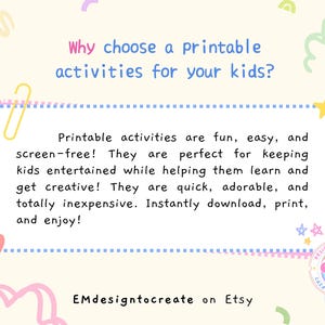 Puede incluir: Gr&aacute;fico en colores pastel que promociona actividades imprimibles para ni&ntilde;os. El texto incluye "&iquest;Por qu&eacute; elegir actividades imprimibles para tus hijos?" y detalla actividades divertidas, f&aacute;ciles y sin pantalla. Incluye el nombre de la tienda Etsy.