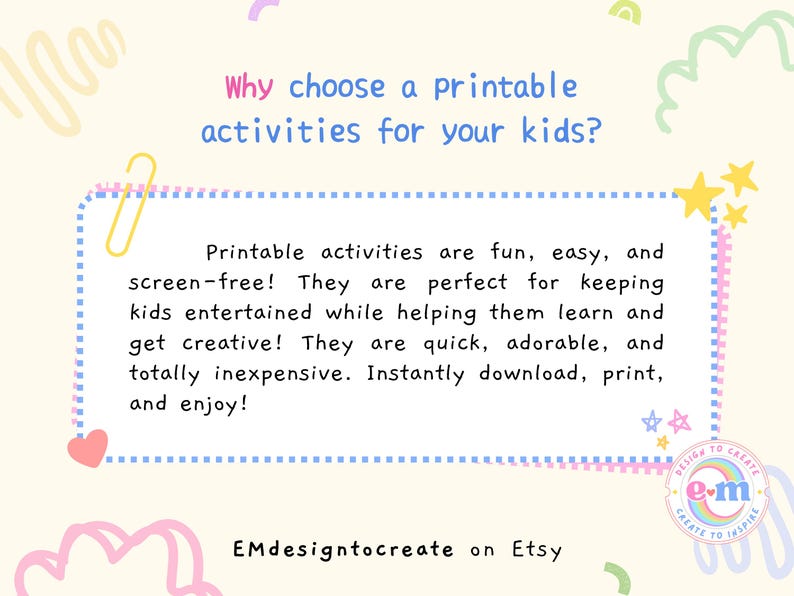 Puede incluir: Gr&aacute;fico en colores pastel que promociona actividades imprimibles para ni&ntilde;os. El texto incluye "&iquest;Por qu&eacute; elegir actividades imprimibles para tus hijos?" y detalla actividades divertidas, f&aacute;ciles y sin pantalla. Incluye el nombre de la tienda Etsy.