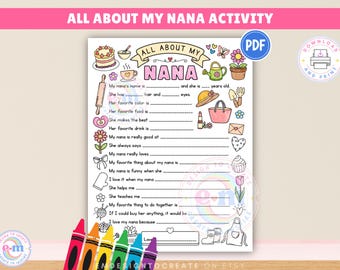 All About My Nana Printable Mother's Day Activity for Kids, Nana Questionnaire Fill In Coloring Page, Gift for Nana Keepsake PDF