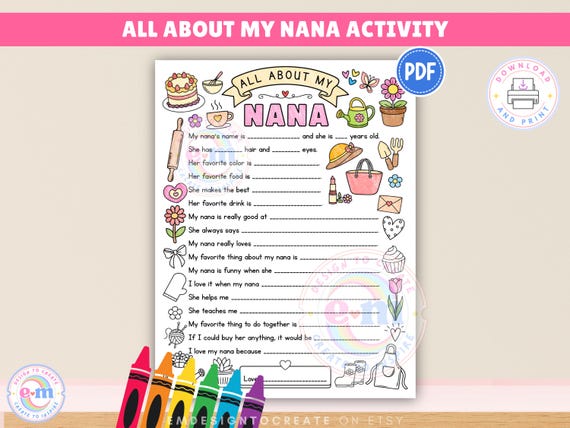 All About My Nana Printable Mother's Day Activity for Kids, Nana Questionnaire Fill In Coloring Page, Gift for Nana Keepsake PDF