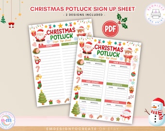 May include: Two printable Christmas Potluck sign-up sheets. The sheets feature festive illustrations of Santa Claus, Christmas trees, and candy canes. The text "Christmas Potluck Sign Up Sheet" is displayed prominently. Includes a PDF download.