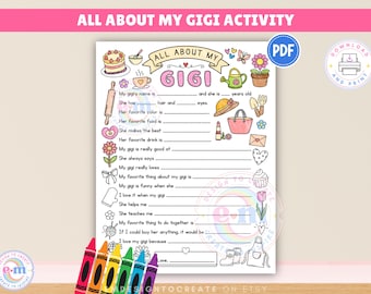 All About My Gigi Coloring Page, Printable Mother's Day Activity for Kids, Gigi Questionnaire Fill In The Blank, Gift for Gigi (PDF)