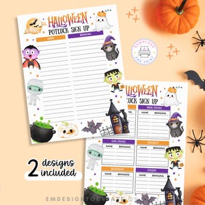 Pode incluir: Duas folhas de inscrição para um potluck de Halloween com ilustrações coloridas de um fantasma, vampiro, múmia, gato preto, monstro de Frankenstein, casa assombrada e caldeirão. O texto diz Halloween Potluck Sign Up, Name, Bringing, Main Dishes, Side Dishes, Desserts, Beverages e Others.