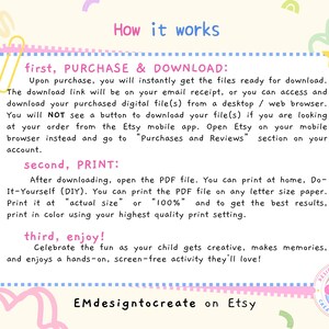 Puede incluir: Gu&iacute;a de descarga digital colorida titulada "C&oacute;mo funciona" con instrucciones para comprar, descargar e imprimir. El texto est&aacute; en una fuente l&uacute;dica, rodeado de elementos decorativos como estrellas y corazones. Tambi&eacute;n se incluye el nombre de la tienda Etsy.