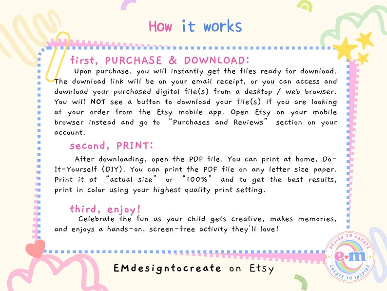 Puede incluir: Gu&iacute;a de descarga digital colorida titulada "C&oacute;mo funciona" con instrucciones para comprar, descargar e imprimir. El texto est&aacute; en una fuente l&uacute;dica, rodeado de elementos decorativos como estrellas y corazones. Tambi&eacute;n se incluye el nombre de la tienda Etsy.