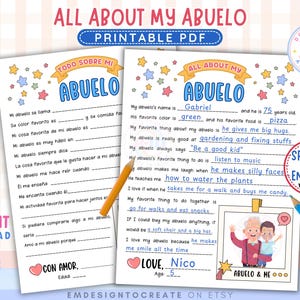 May include: Printable PDF activity sheet titled "All About My Abuelo" in English and Spanish. The sheet has fill-in-the-blank prompts about a grandfather, with a photo of a grandfather and child. Includes a pencil and a blue pen.
