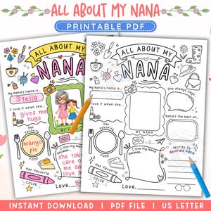 All About My Nana PRINTABLE, Mother&#39;s Day Activity for Kids, Grandparents&#39; Day, Nana Questionnaire, Nana Fill in the Blank, Gift for Nana