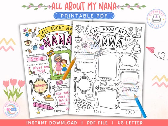 All About My Nana PRINTABLE, Mother's Day Activity for Kids, Grandparents' Day, Nana Questionnaire, Nana Fill in the Blank, Gift for Nana